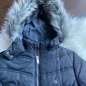 GIRLS 6X CALVIN KLEIN LONG FUR HOODED DOWN COAT